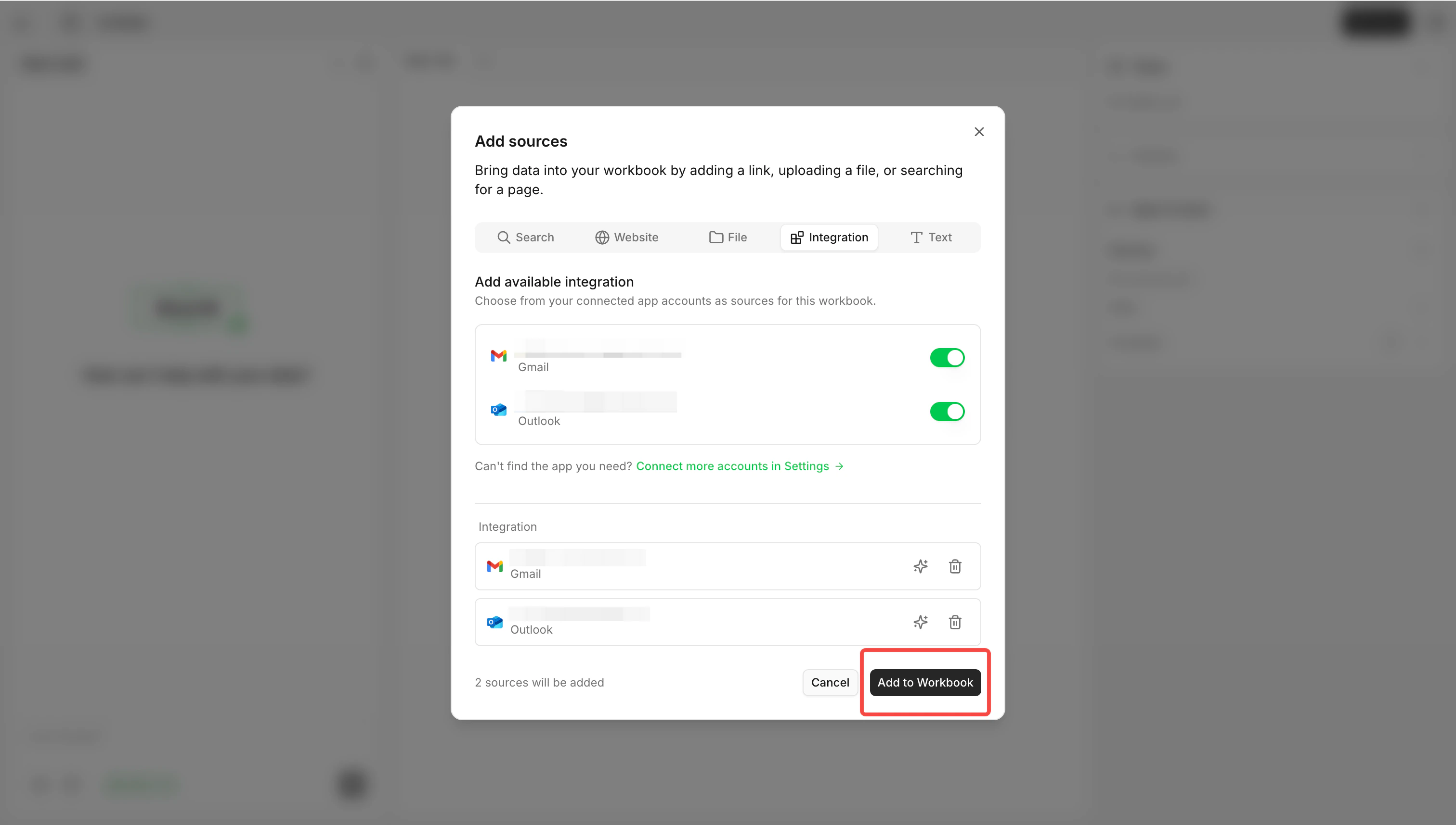 Integration Add to Workbook
