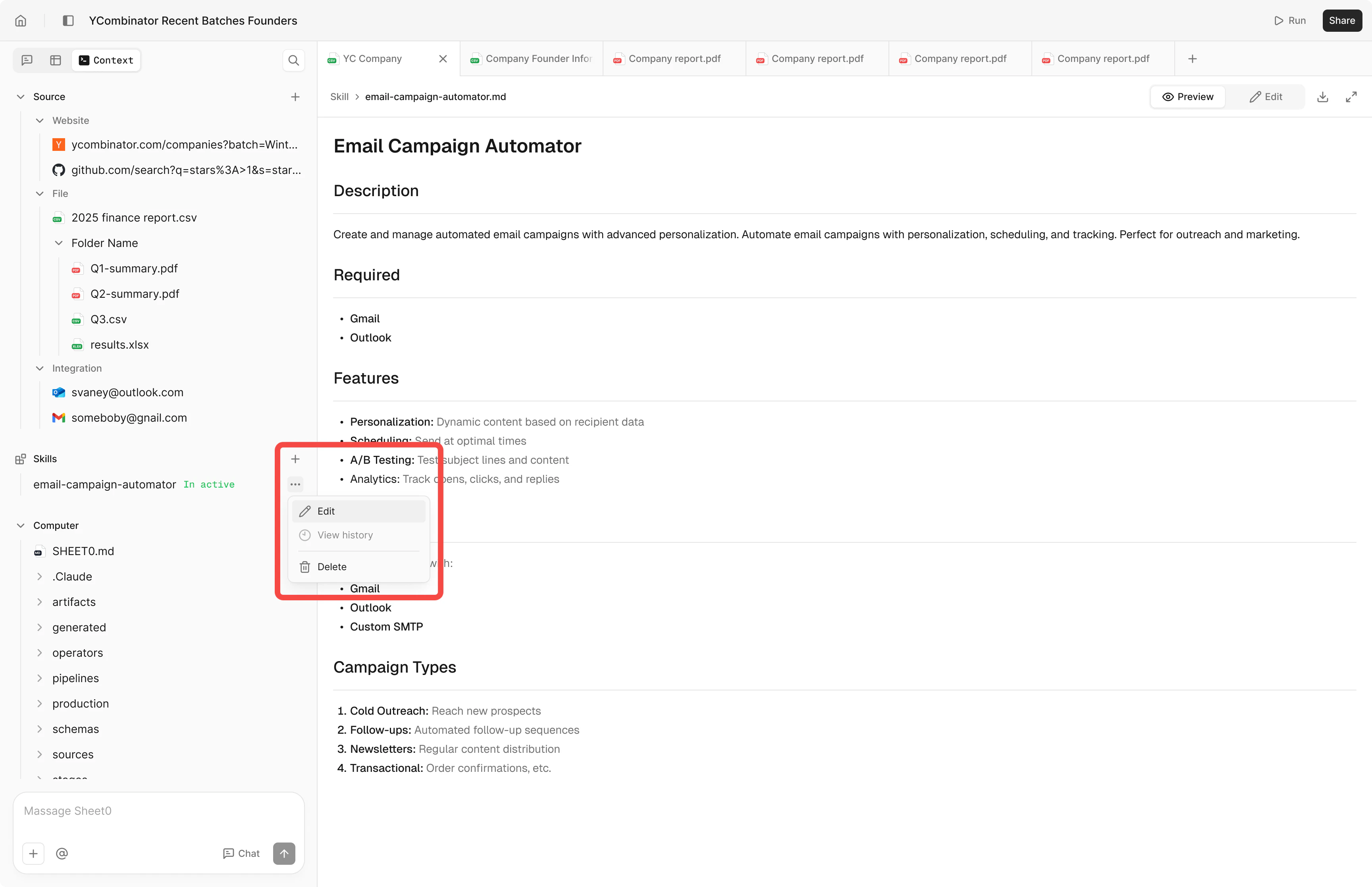 Skill menu Edit/View history/Delete