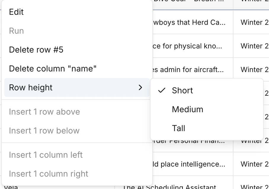 Table edit / right-click
