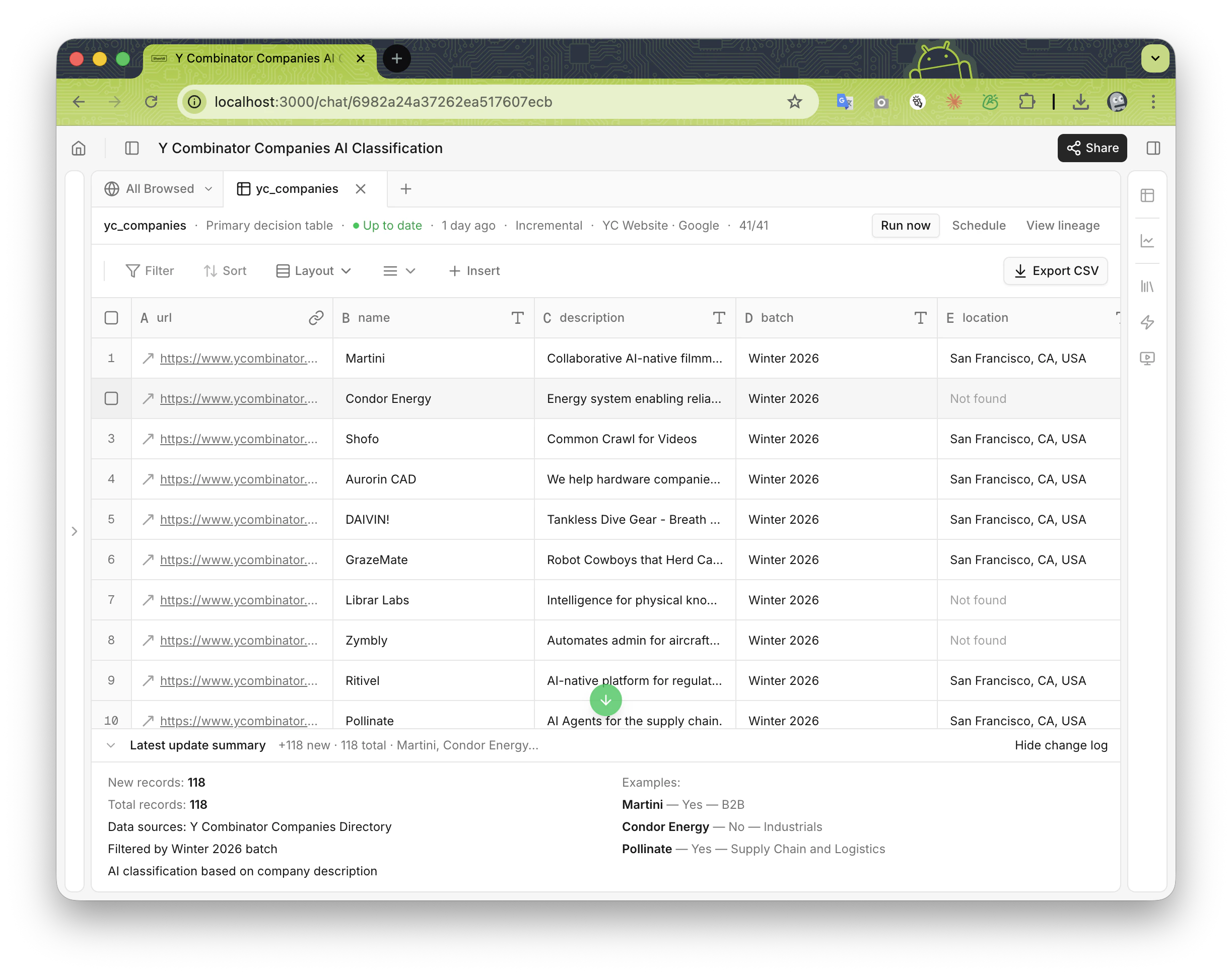 Table interface YC companies