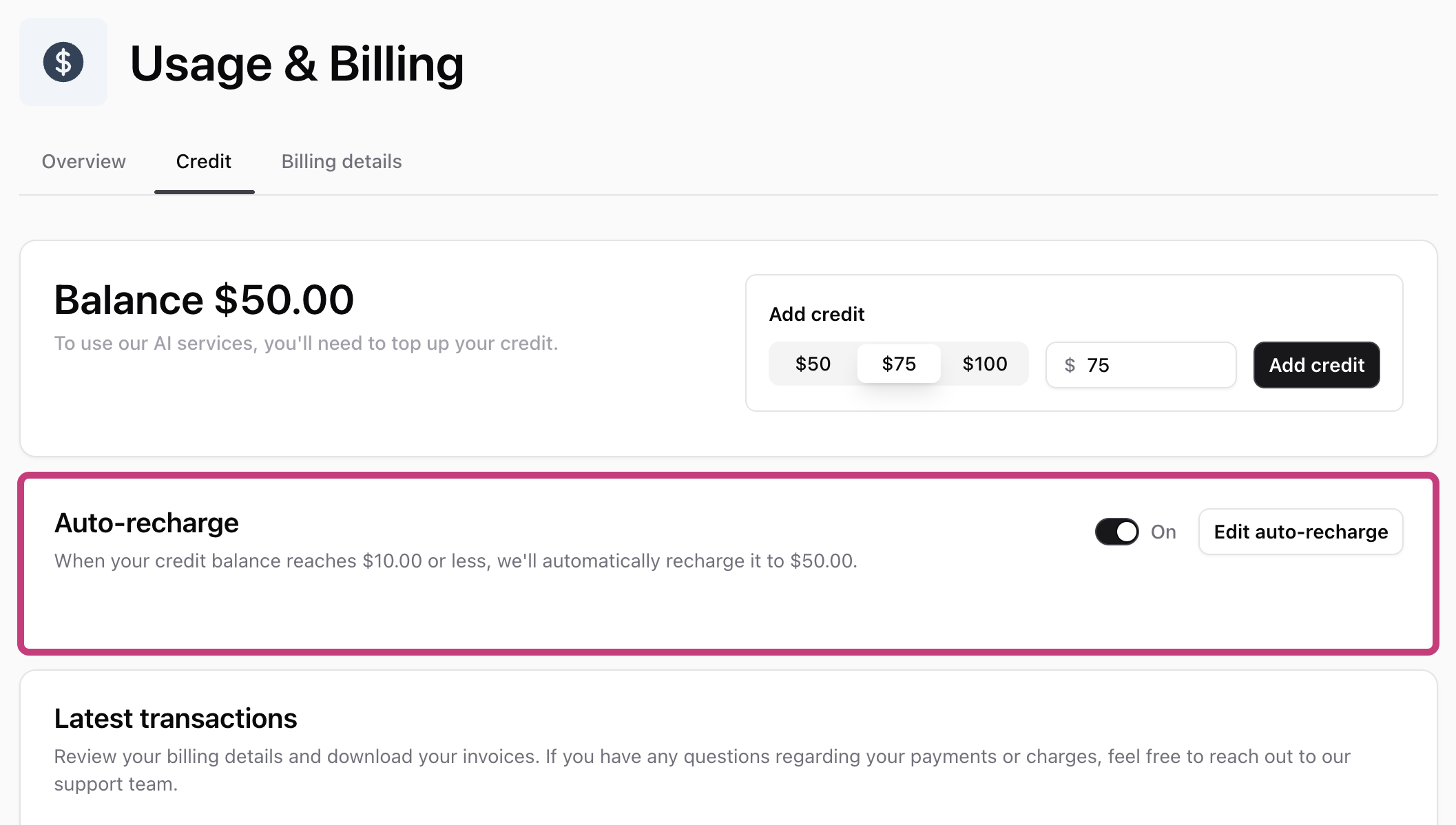 The auto-recharge card on the Credit tab showing the configured threshold and target balance