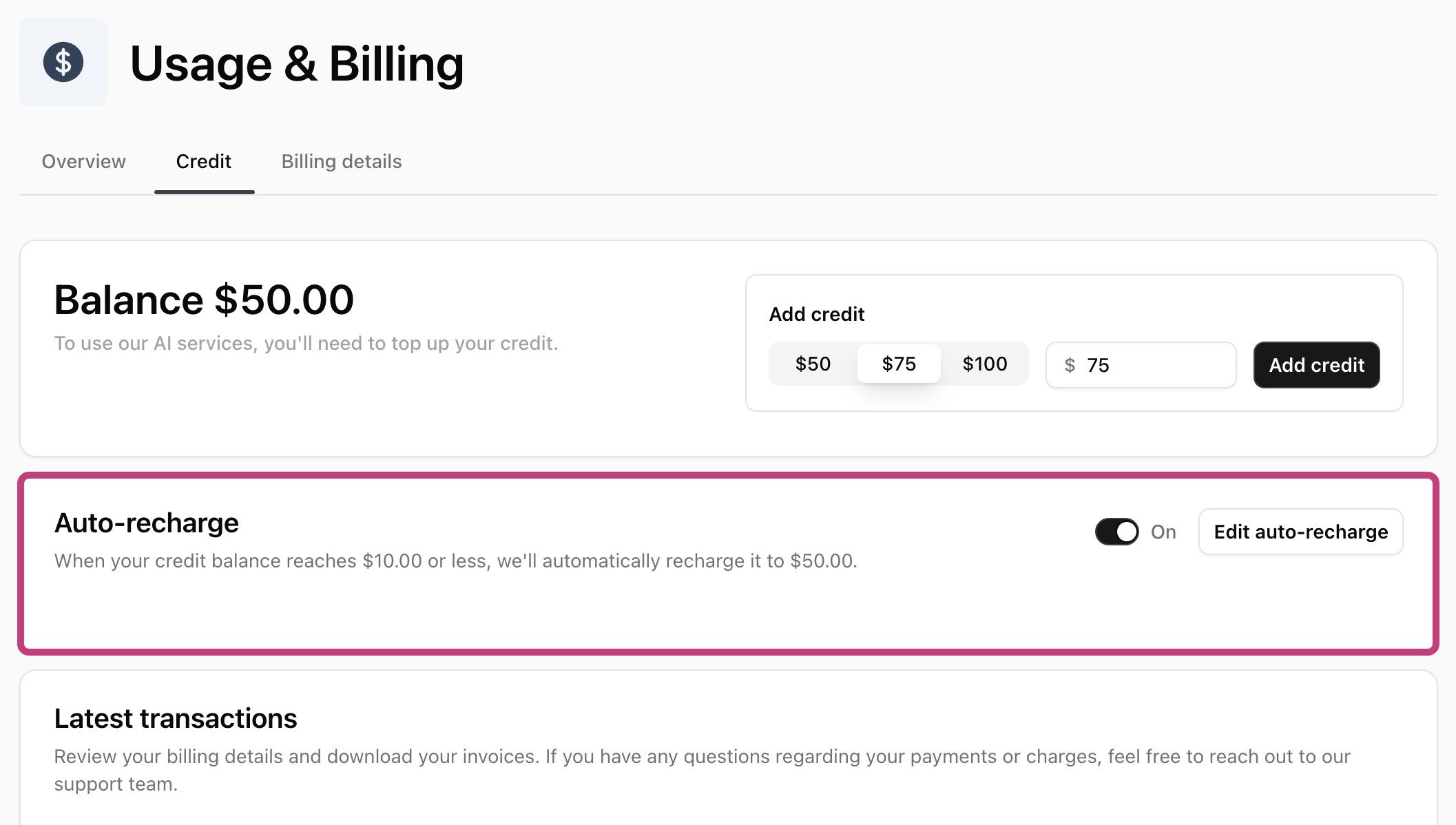 The auto-recharge card on the Credit tab showing the configured threshold and target balance