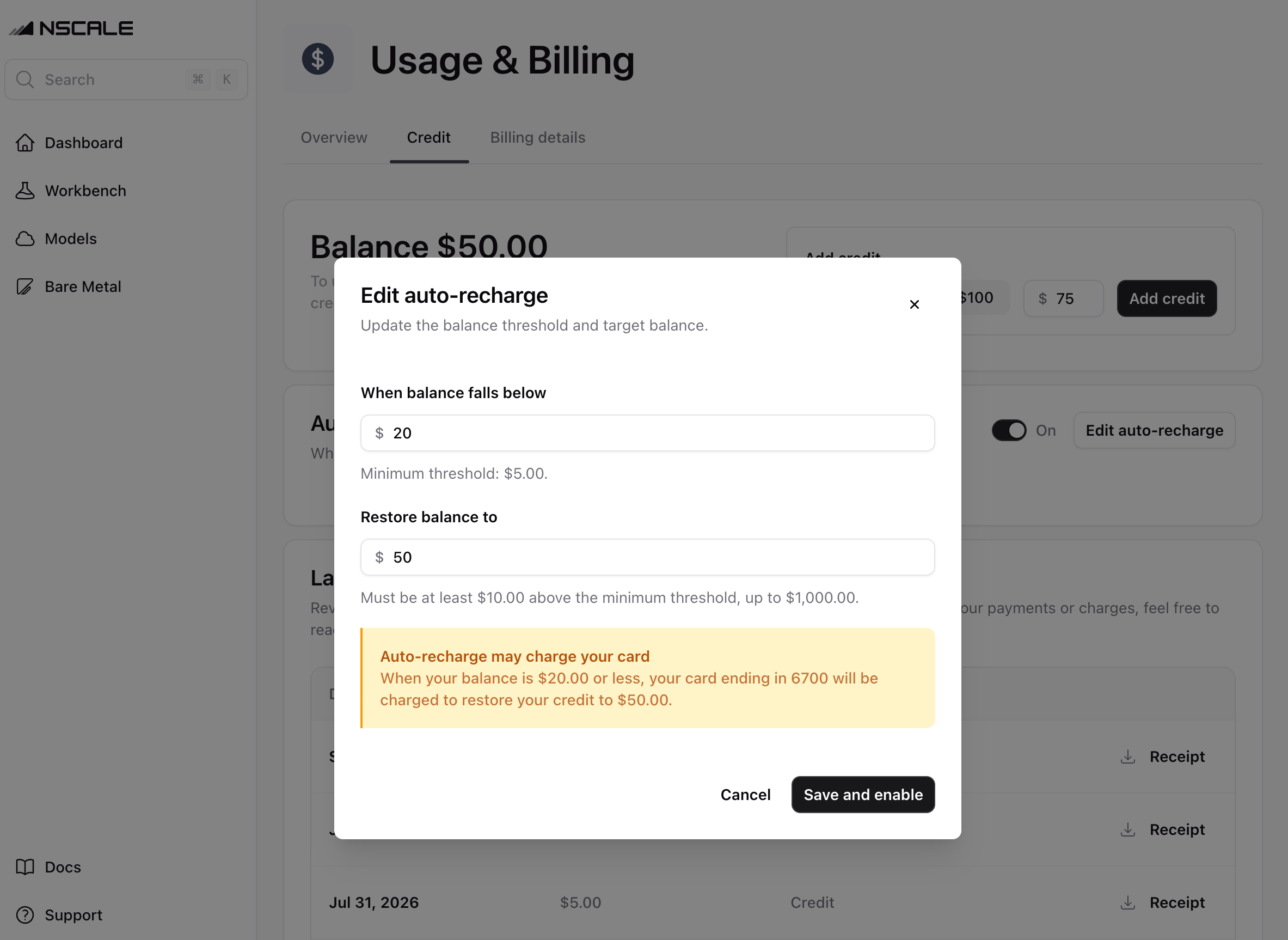 The set up auto-recharge dialog with threshold and target balance fields