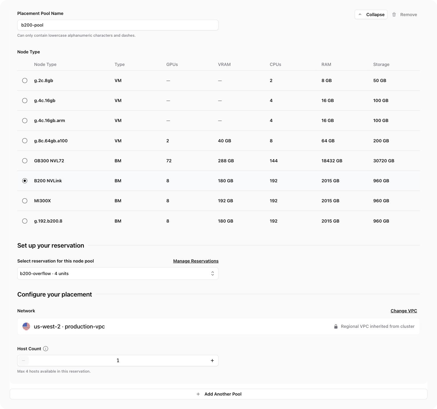 The Add Node Pools step with a B200 NVLink node type selected, a reservation selected, and the Host Count counter.