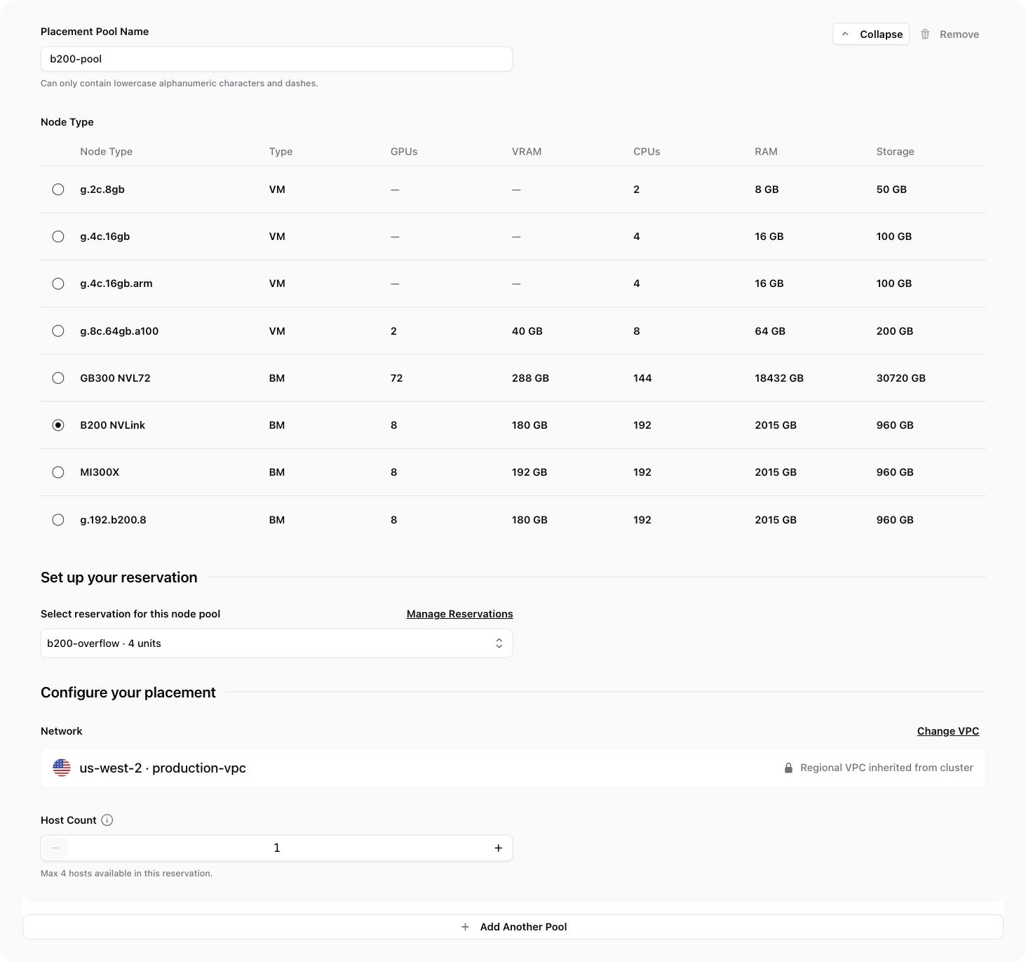 The Add Node Pools step with a B200 NVLink node type selected, a reservation selected, and the Host Count counter.