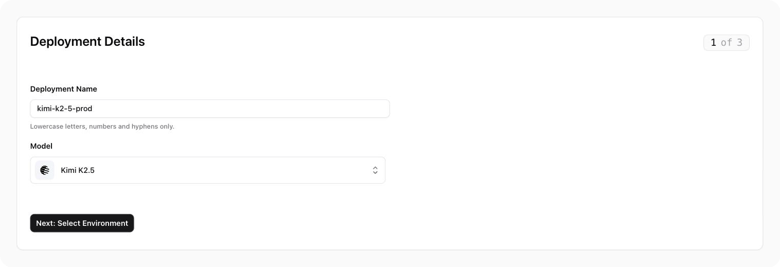 The Deployment Details step with the Deployment Name and Model fields.