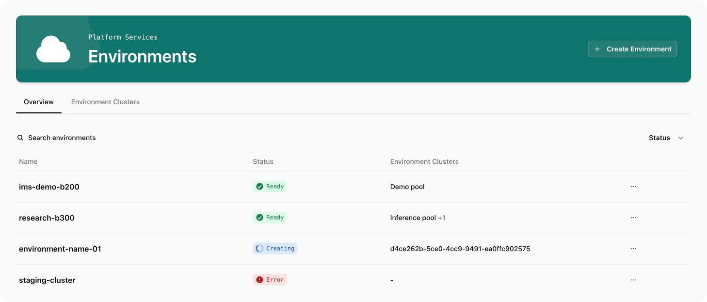 The Environments page with the Create Environment button.