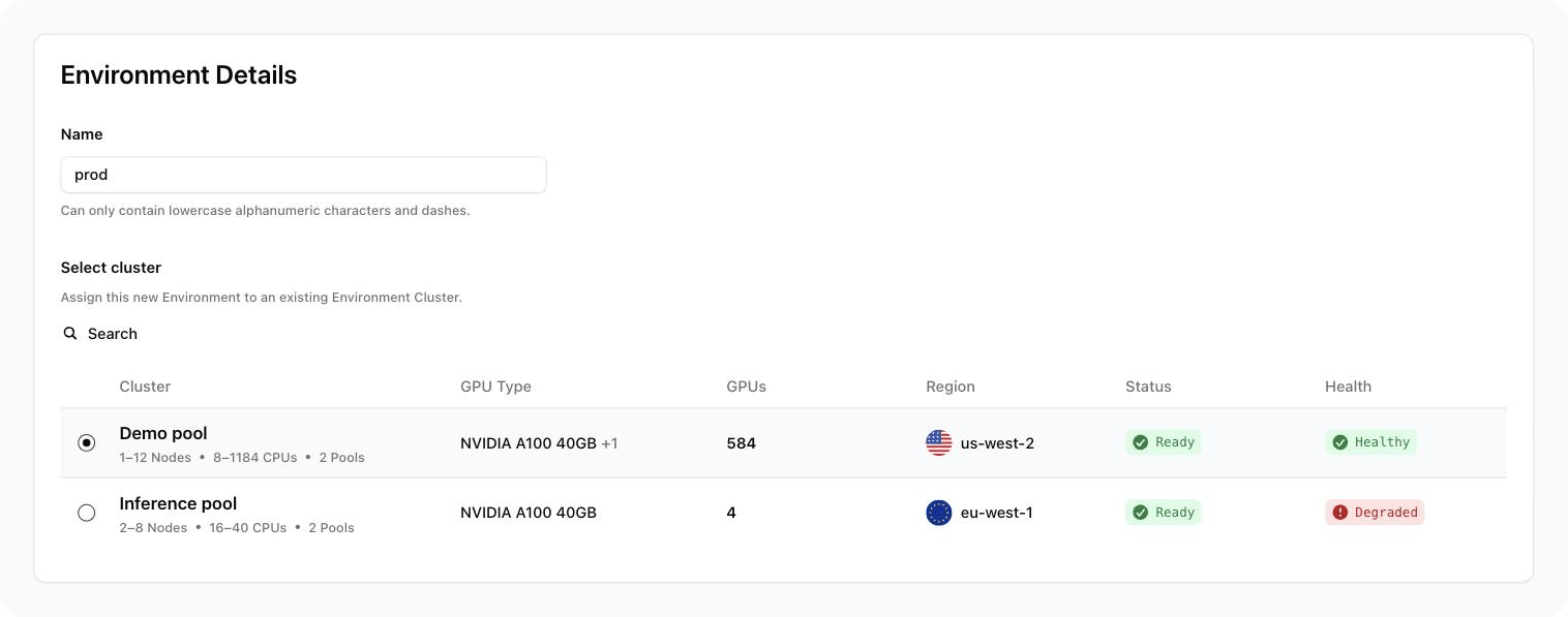 The Create Environment form with the Name field and the cluster table.