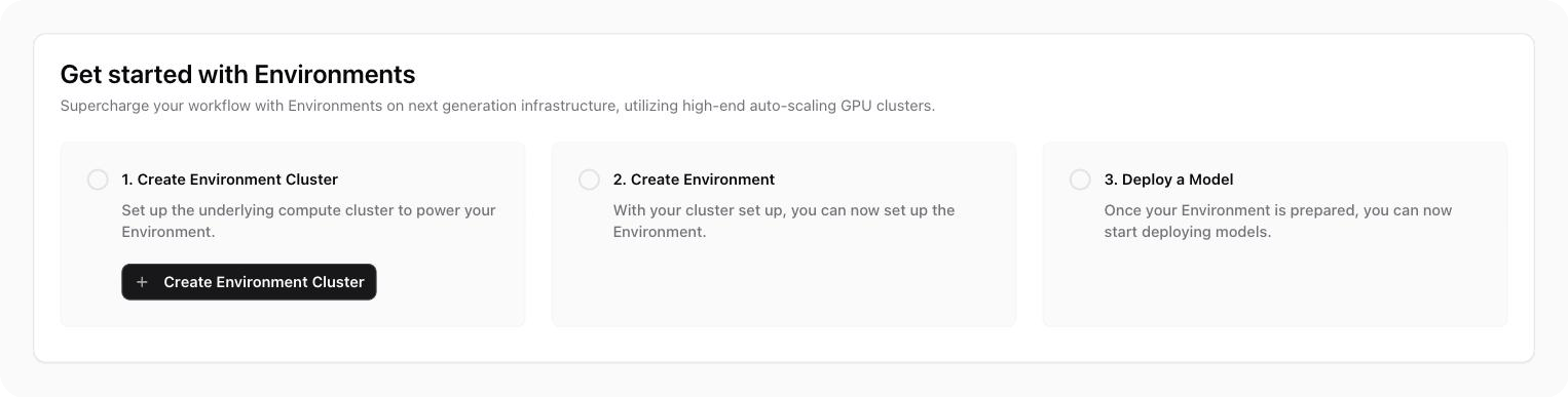 The Get started with Environments checklist, with three steps: Create Environment Cluster, Create Environment, and Deploy a Model.
