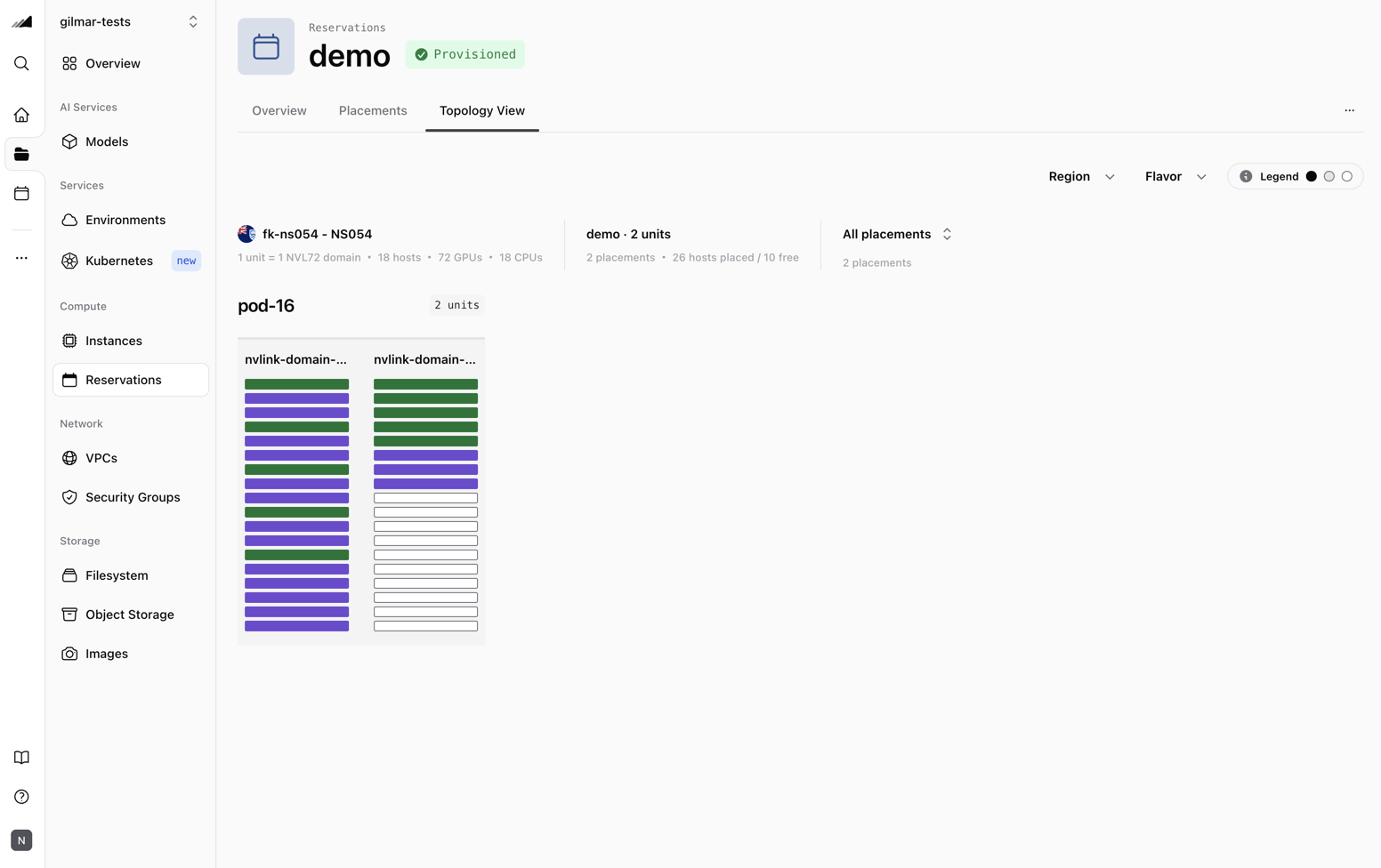 A reservation's Topology View tab, colored by placement
