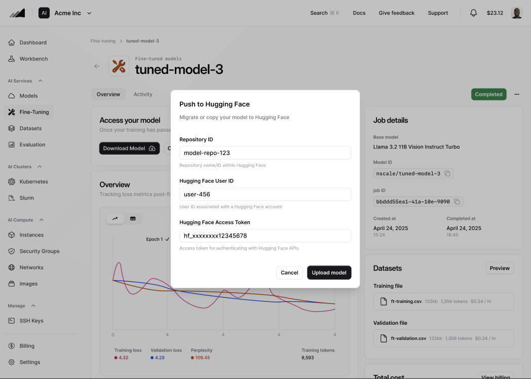 Push to Hugging Face dialog with Repository ID, Hugging Face User ID, and Hugging Face Access Token fields