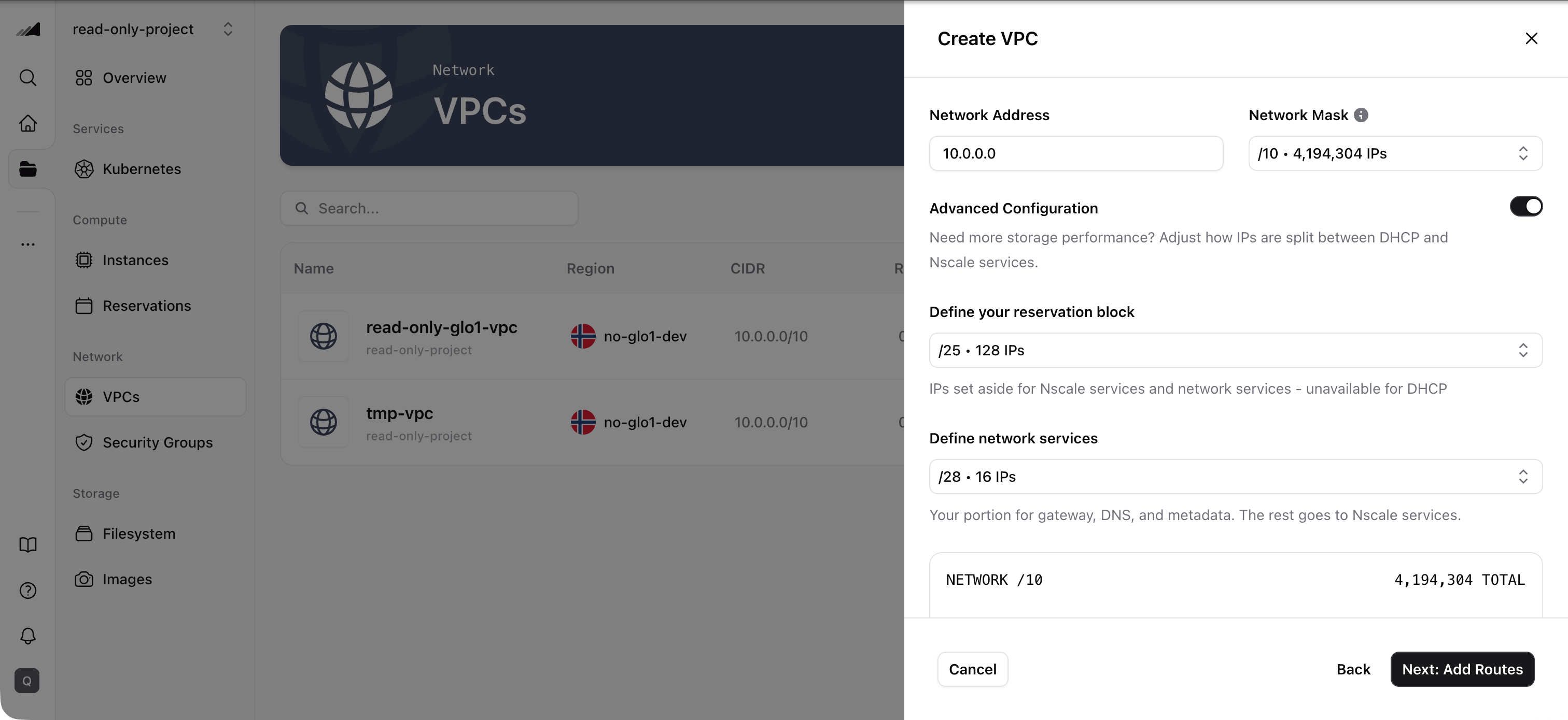 VPC creation — Advanced Configuration with IP reservations