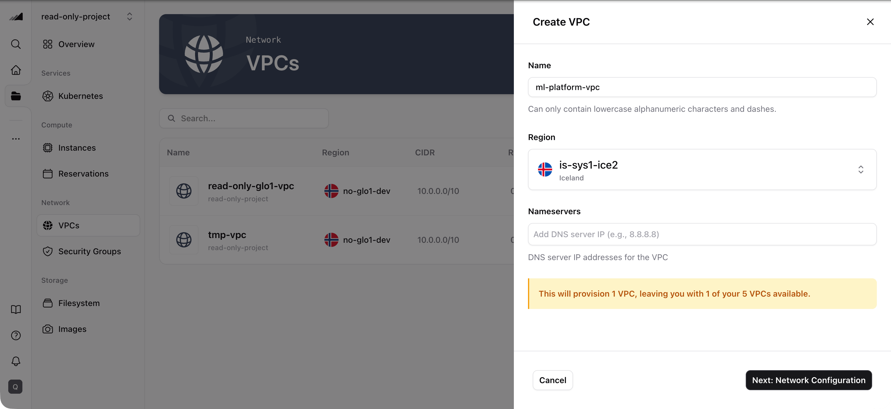 VPC creation — Details step