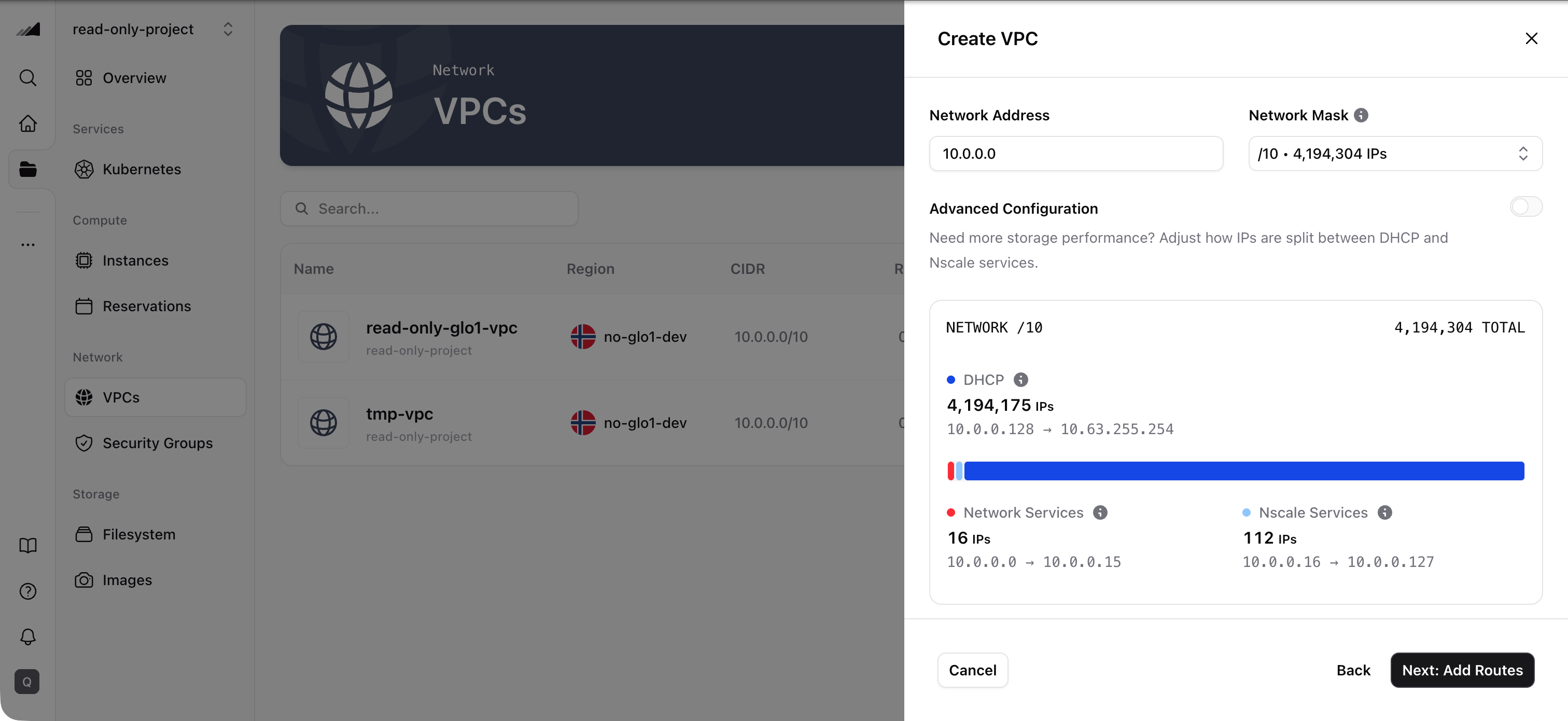 VPC creation — Network Configuration step