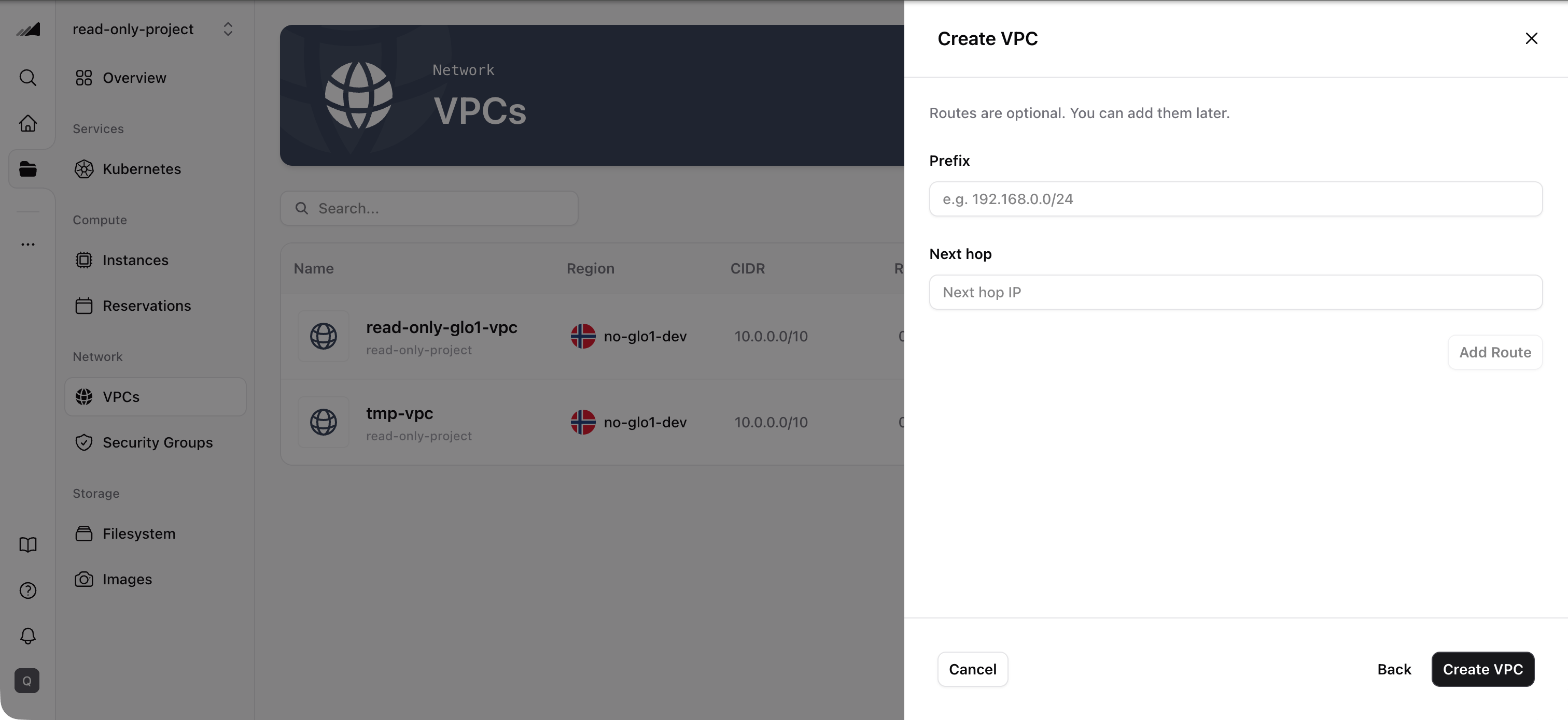 VPC creation — Add Routes step