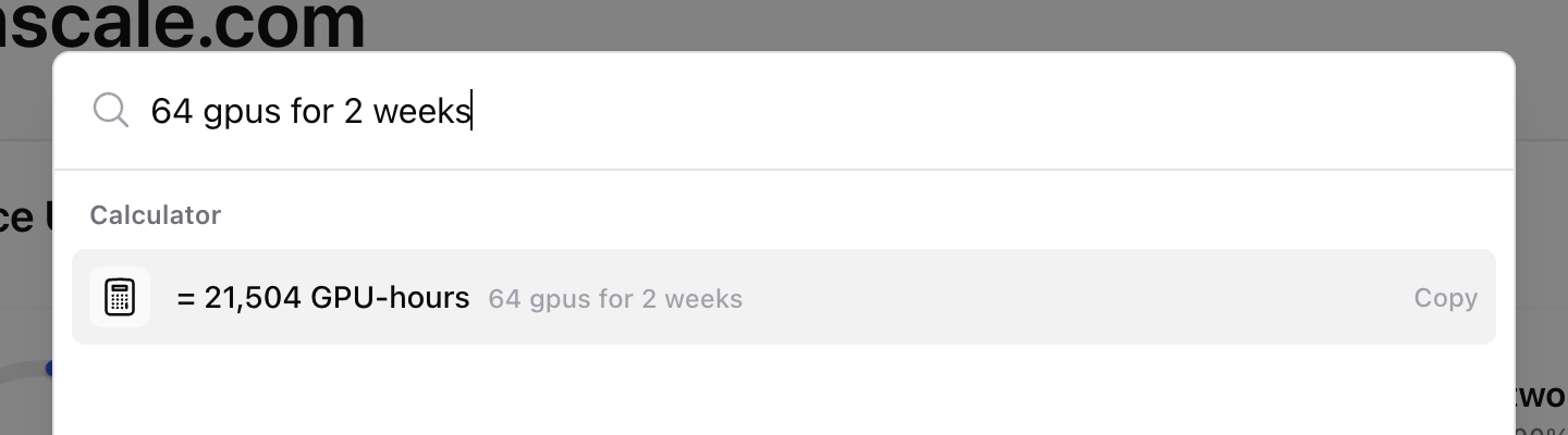 Quick search showing the calculator answer for 64 gpus for 2 weeks