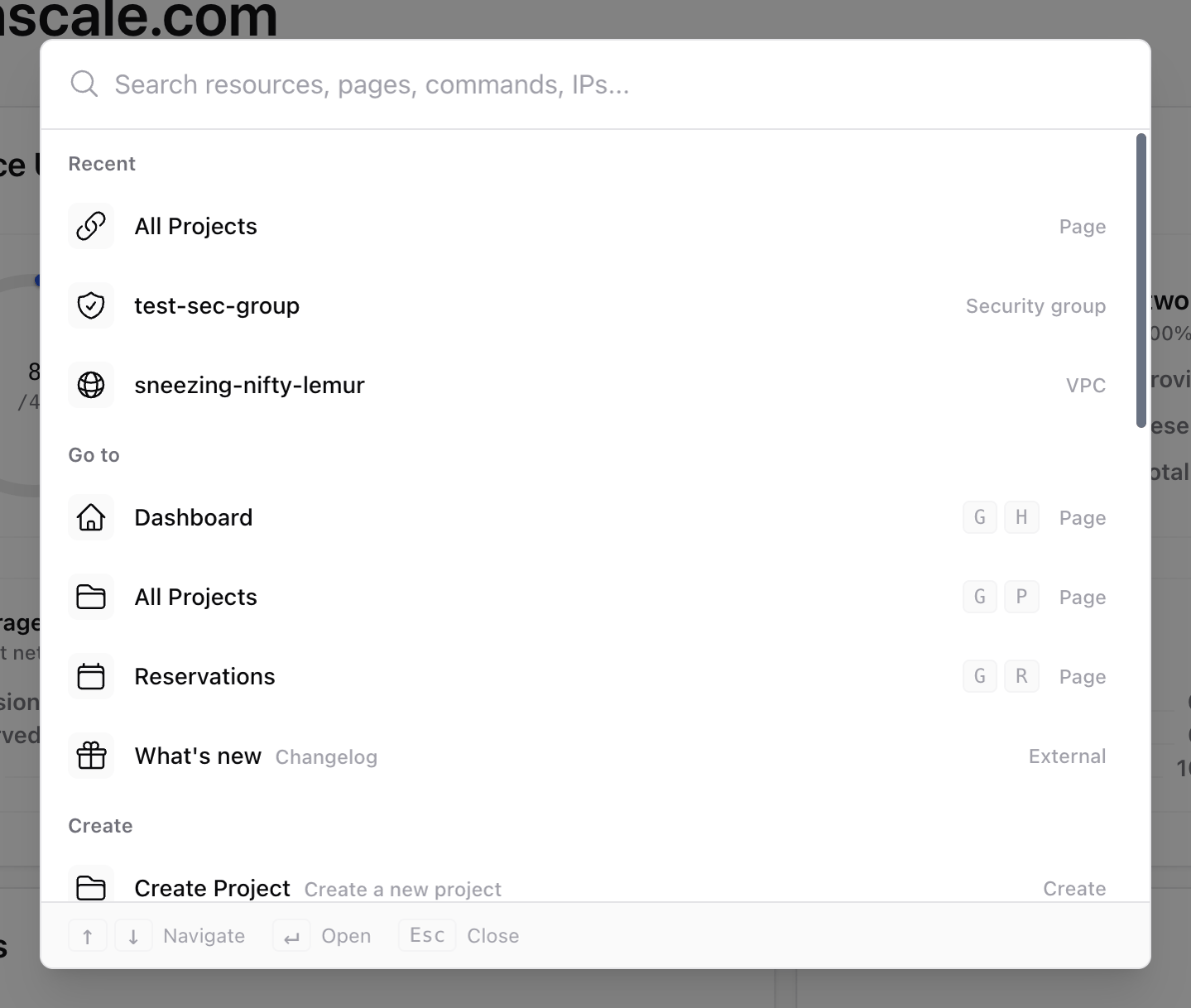 Quick search open with no query, showing recent items, suggested pages and create actions