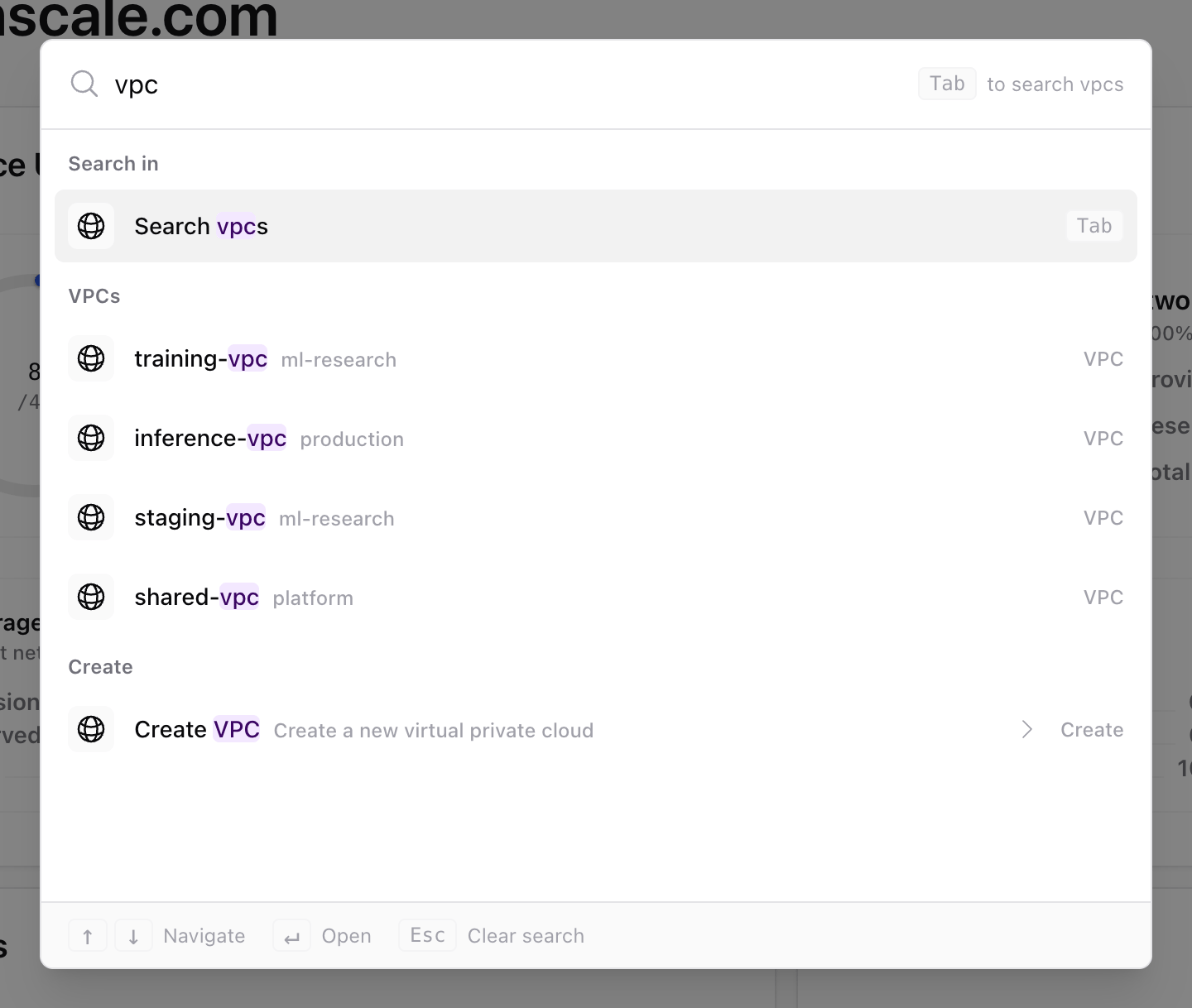 Quick search results for vpc, with matching VPCs, the project each belongs to, and an option to search inside VPCs