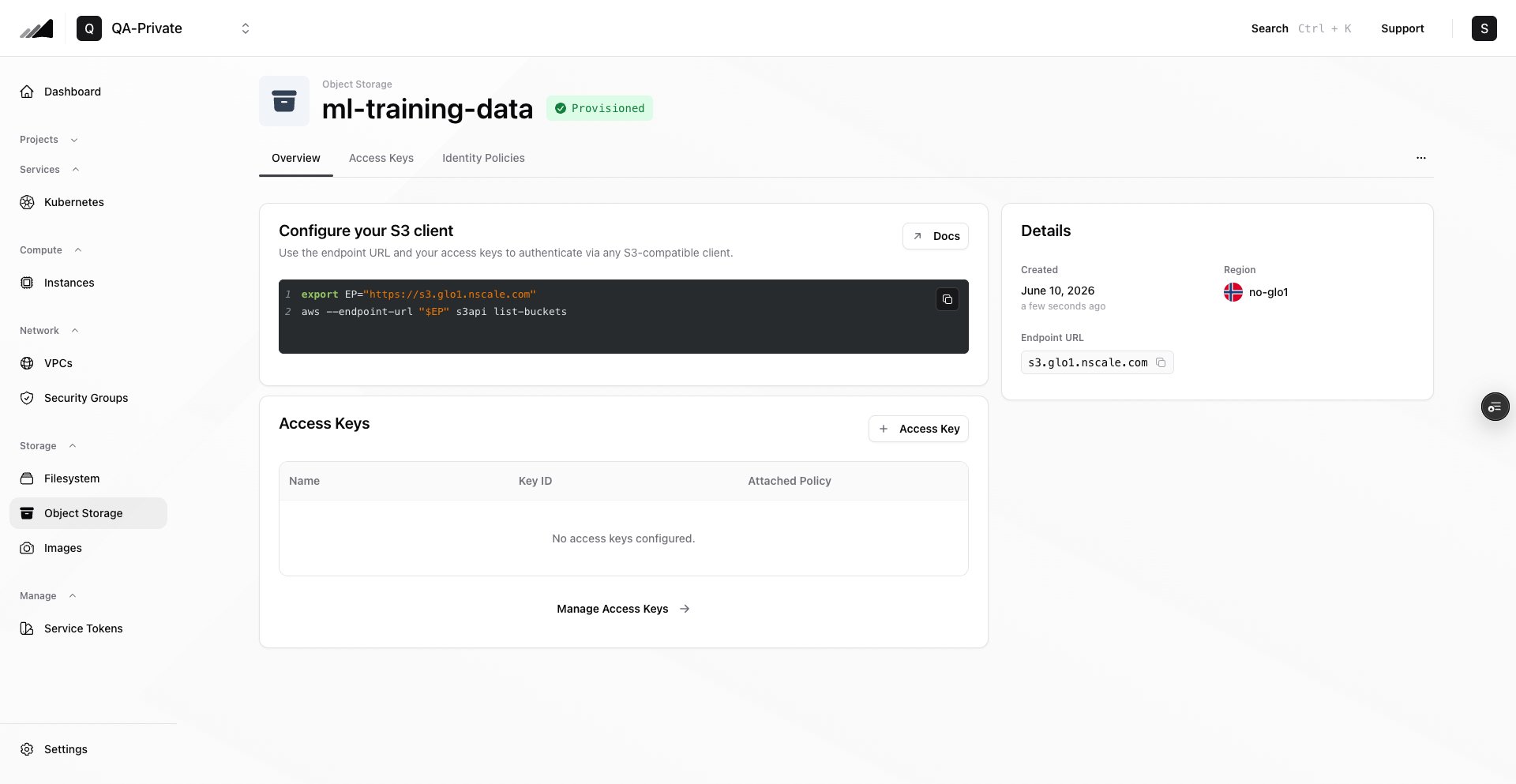 Object Storage endpoint details