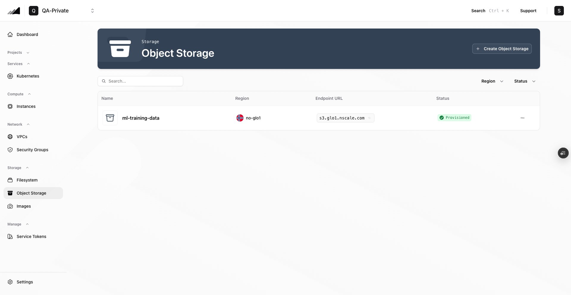 Object Storage endpoint list