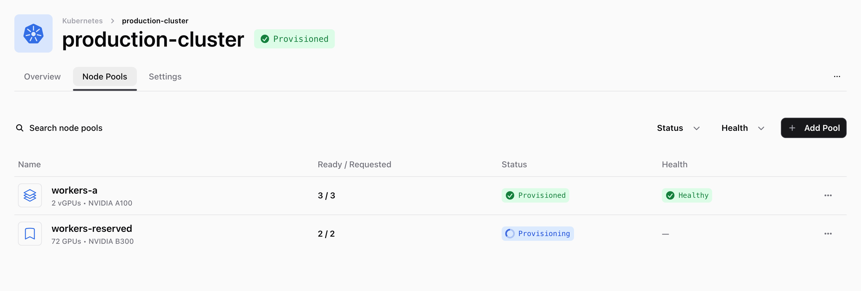 Node Pools tab