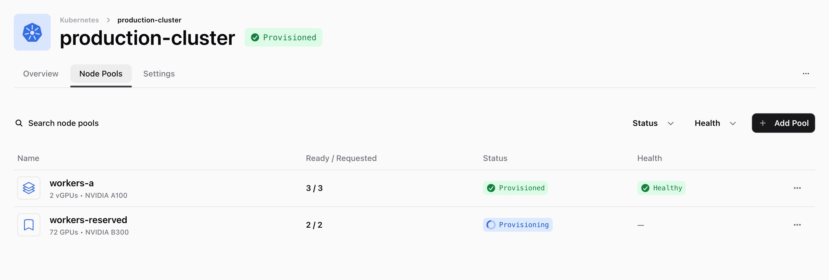 Node Pools tab
