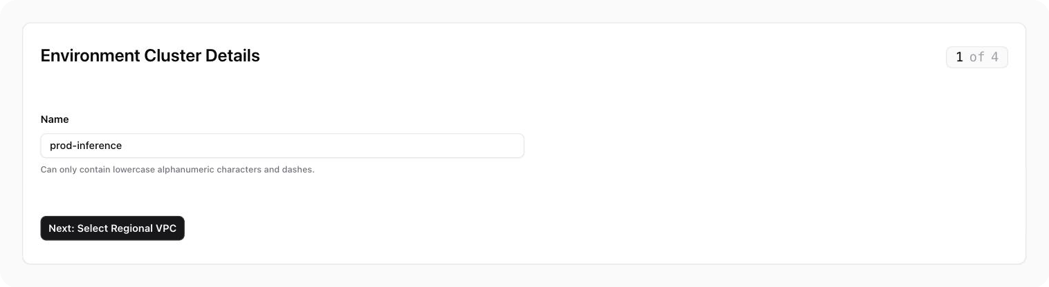 The Environment Cluster Details step with the Name field.