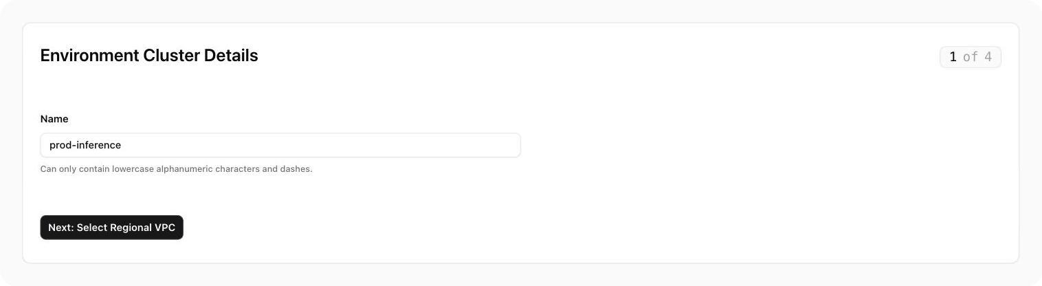 The Environment Cluster Details step with the Name field.