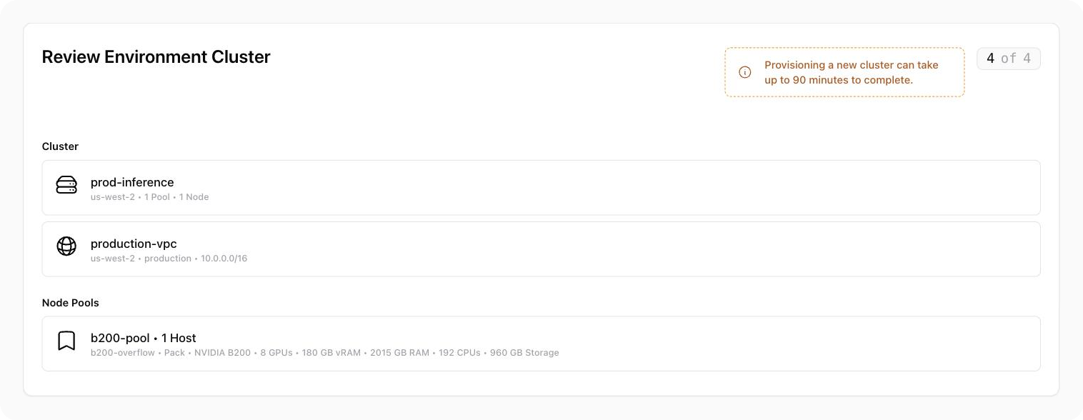 The Review Environment Cluster step with the cluster, VPC, and node pool summary.