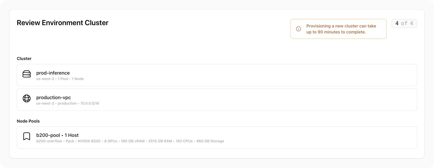 The Review Environment Cluster step with the cluster, VPC, and node pool summary.