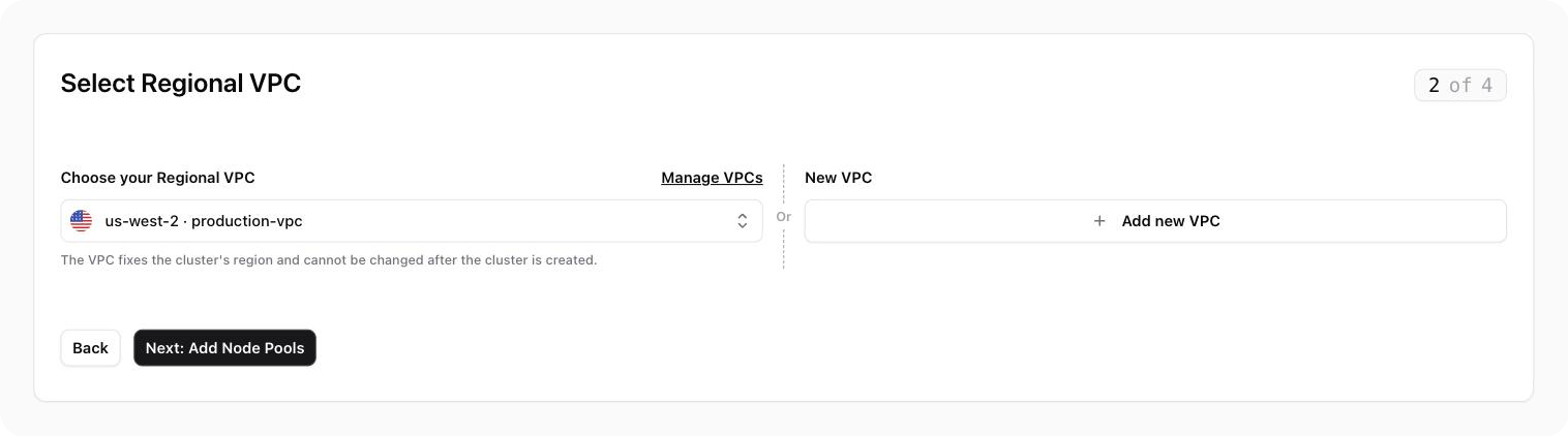 The Select Regional VPC step with the VPC dropdown and the Add new VPC button.