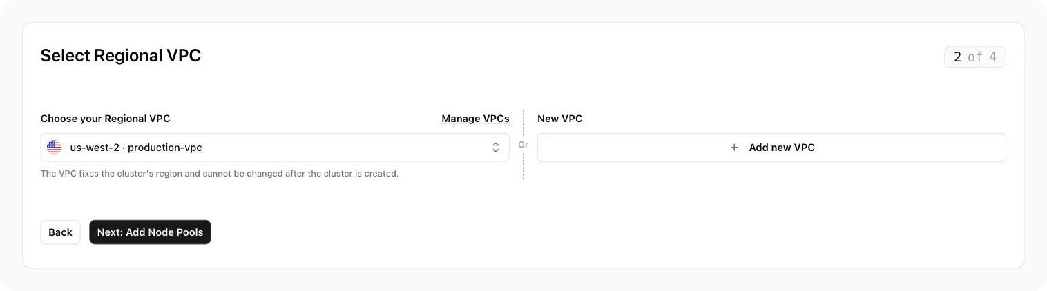The Select Regional VPC step with the VPC dropdown and the Add new VPC button.