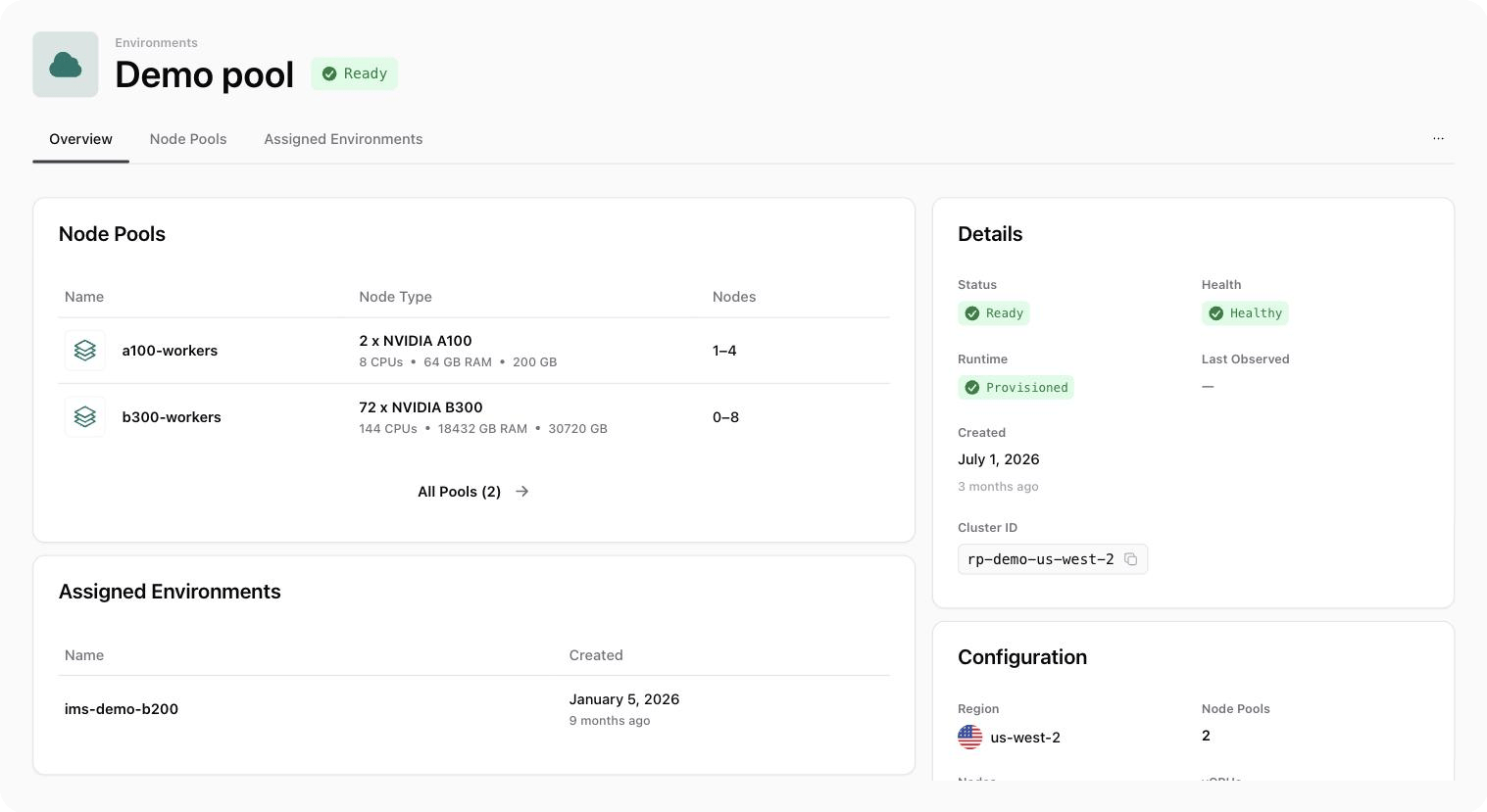 The environment cluster detail page showing the Overview tab.