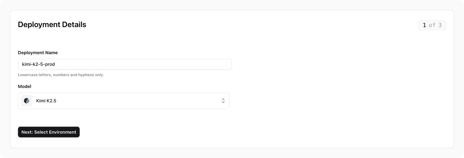 The Deployment Details step with the Deployment Name and Model fields.