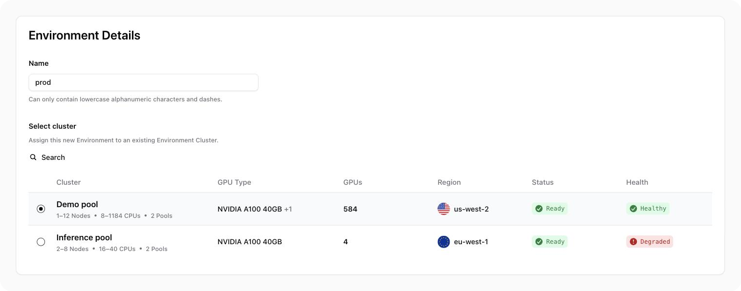 The Create Environment form with the Name field and the cluster table.