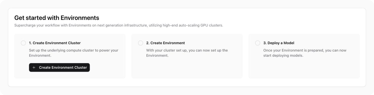 The Get started with Environments checklist, with three steps: Create Environment Cluster, Create Environment, and Deploy a Model.