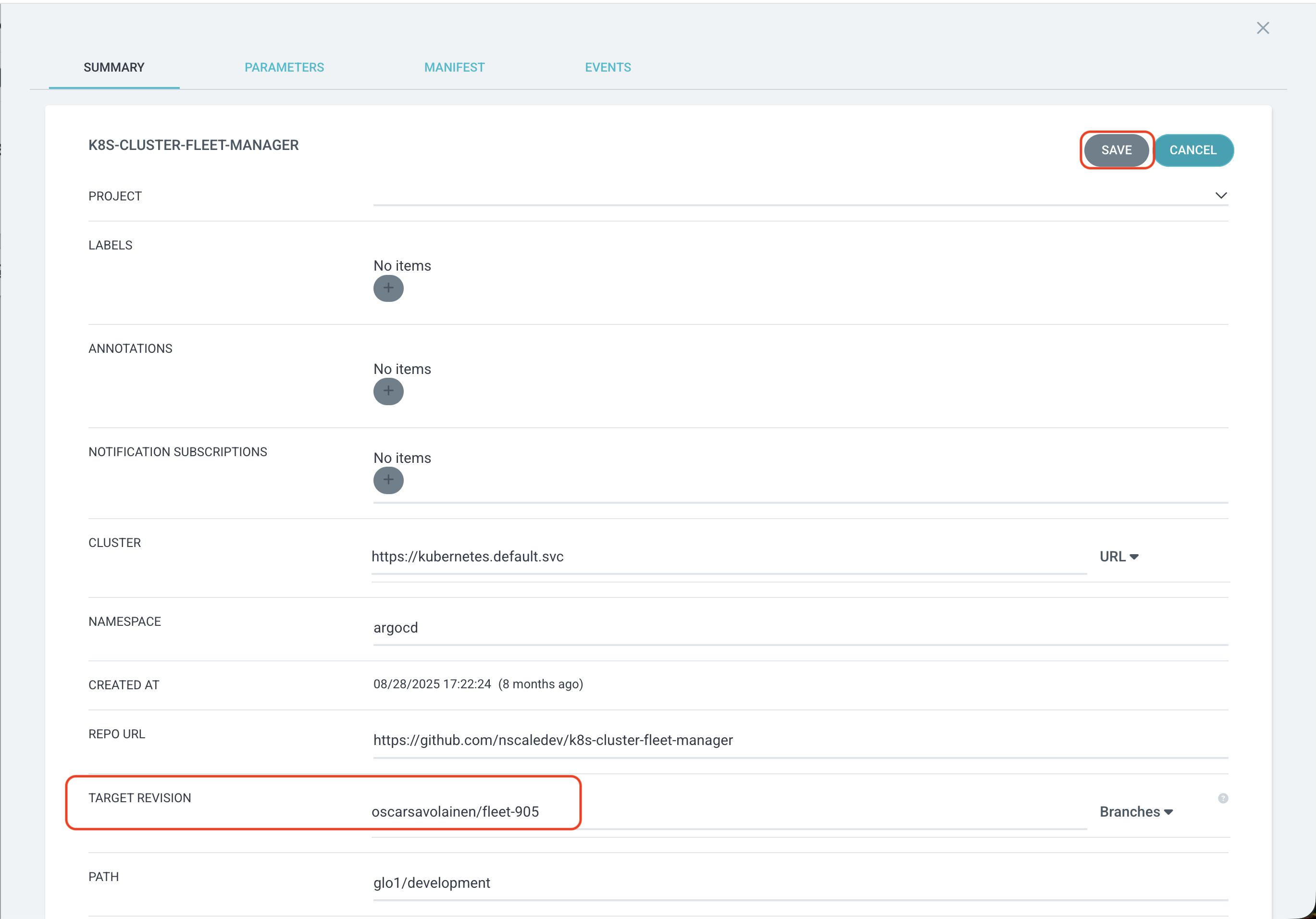 Selecting the target revision in Argo