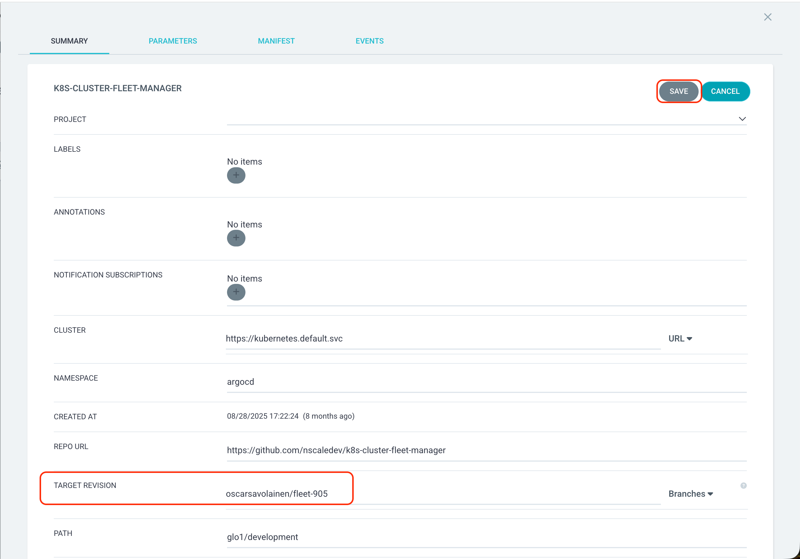 Selecting the target revision in Argo