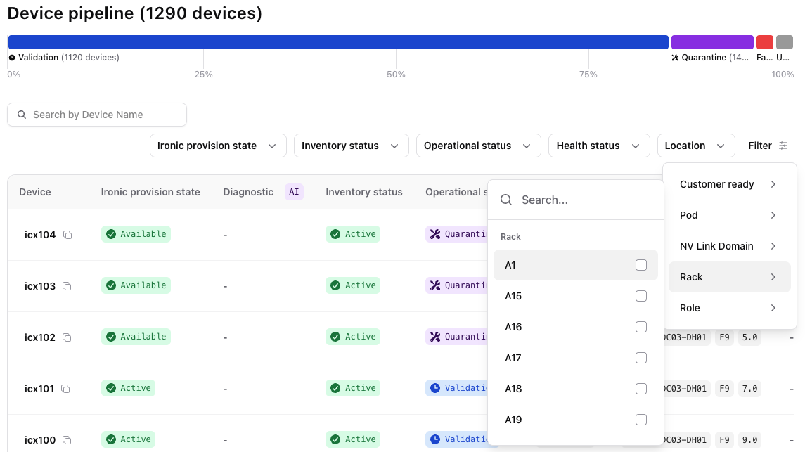 Device selection filter showing the rack filter options