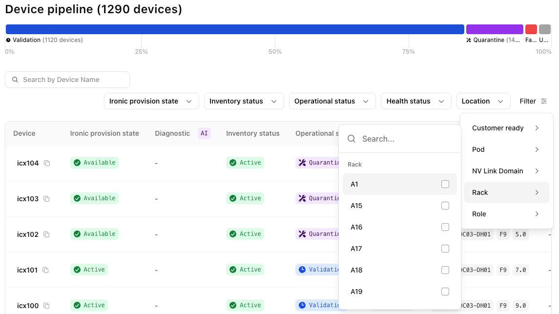 Device selection filter showing the rack filter options