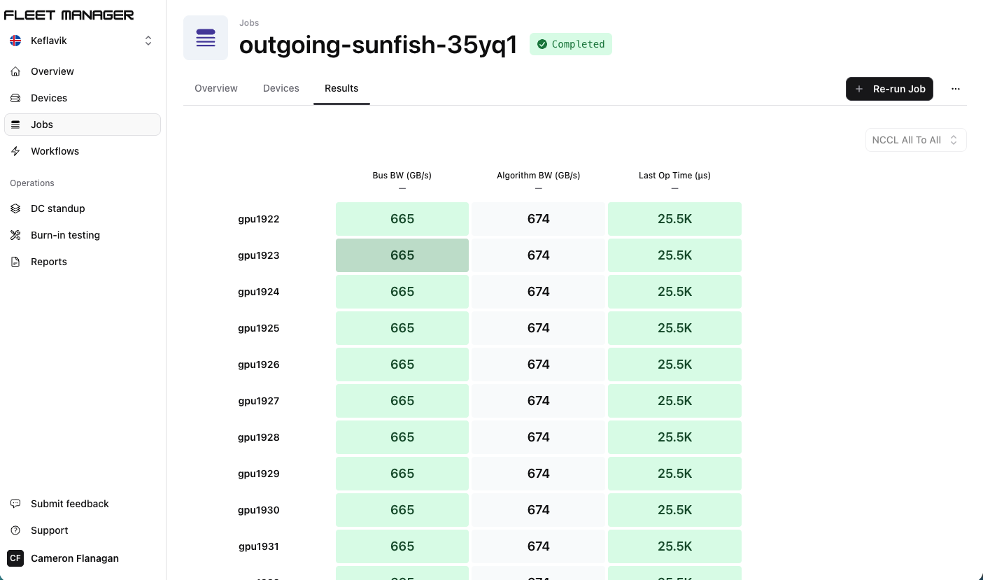 Job results view showing per-device result metrics