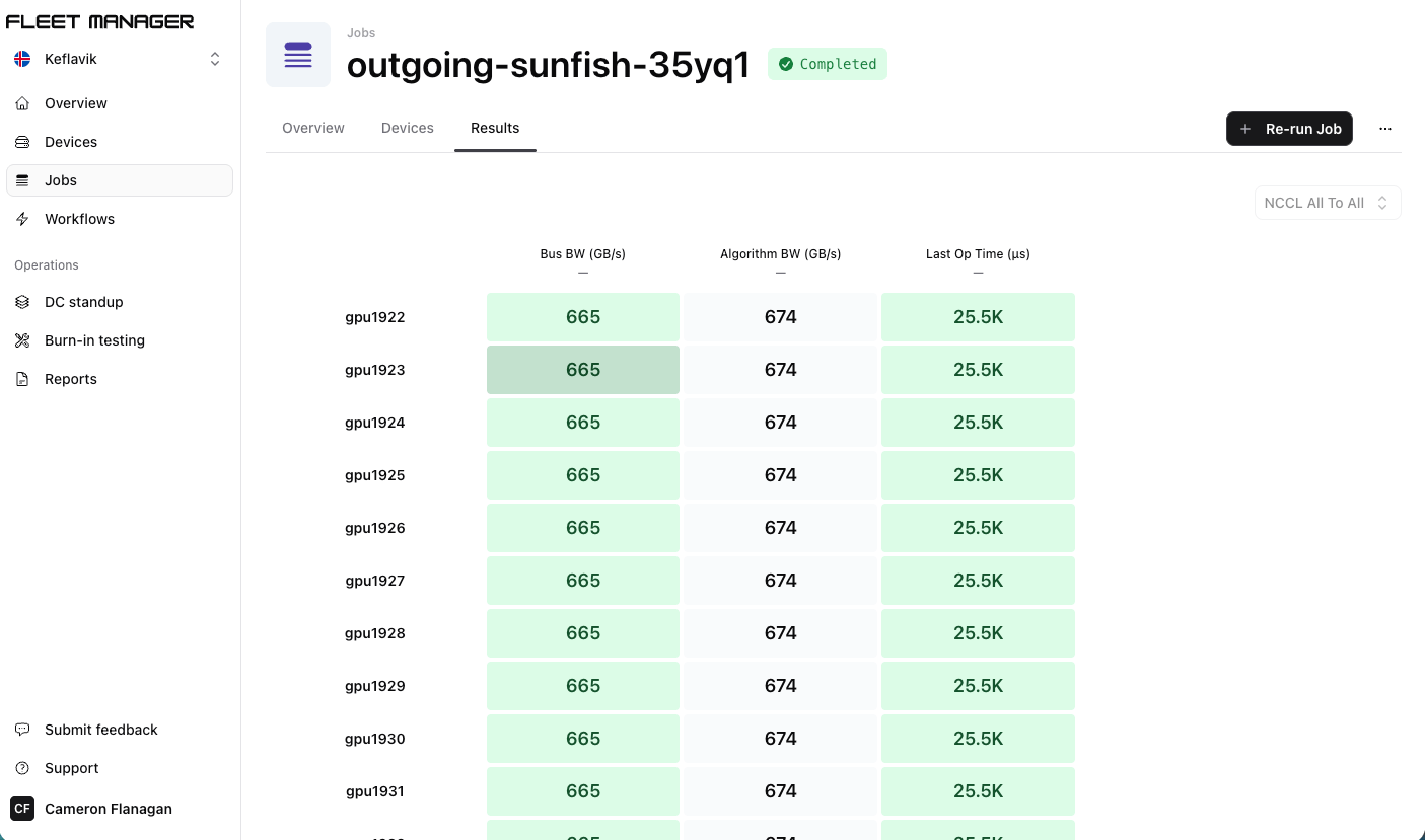 Job results view showing per-device result metrics