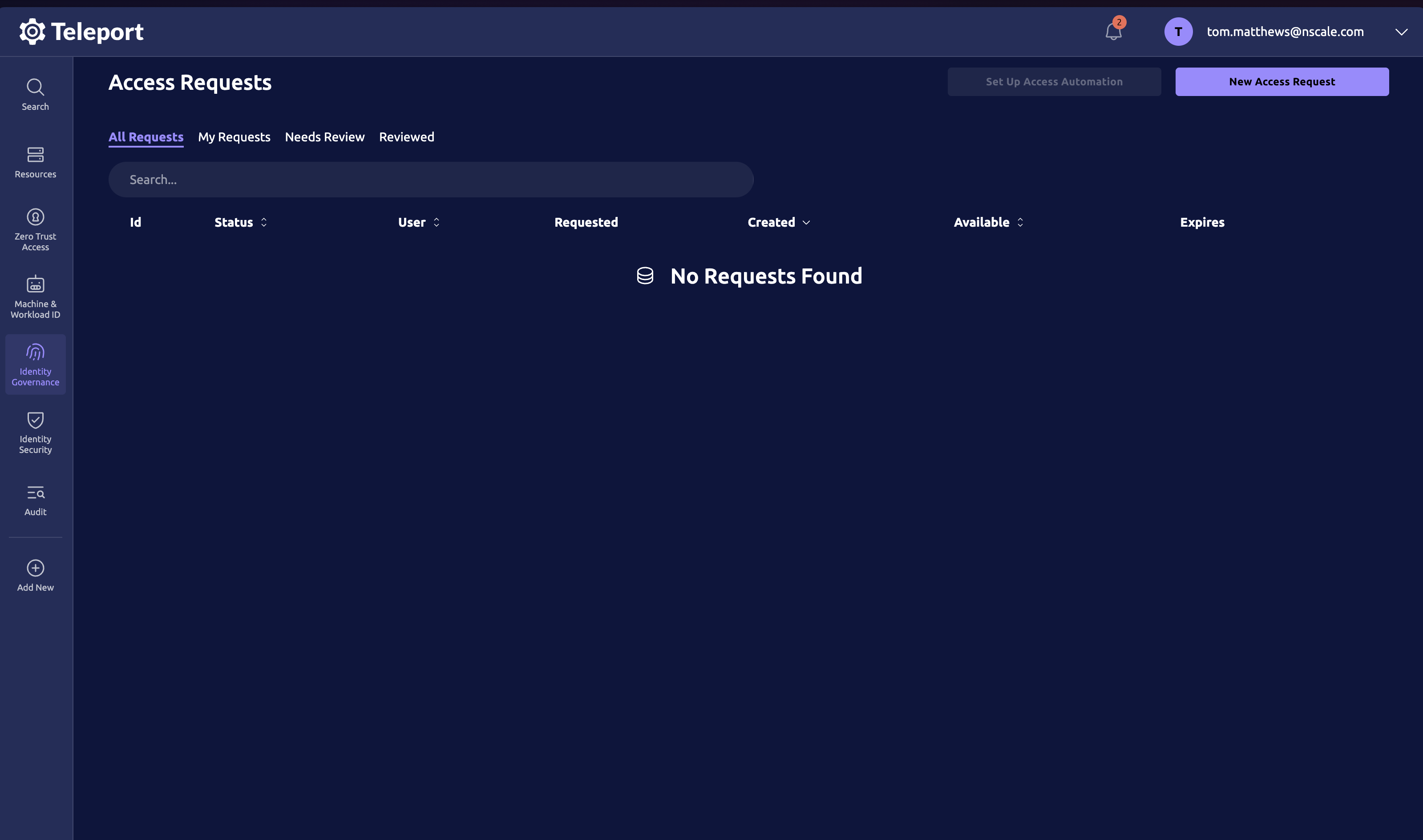 Teleport Access Requests with the New Access Request button