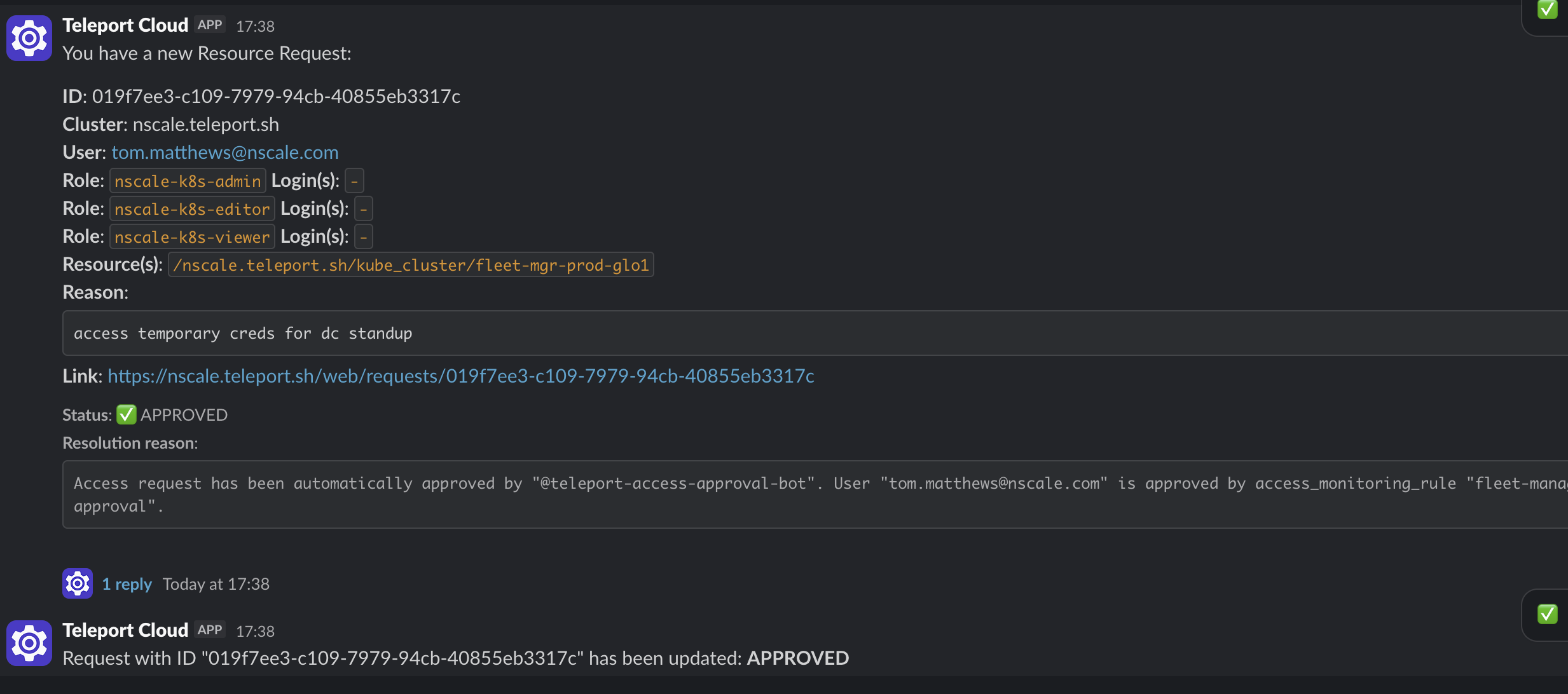 Approved Teleport request notification, including its request ID