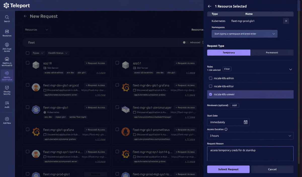 Temporary request form with roles, duration, and request reason