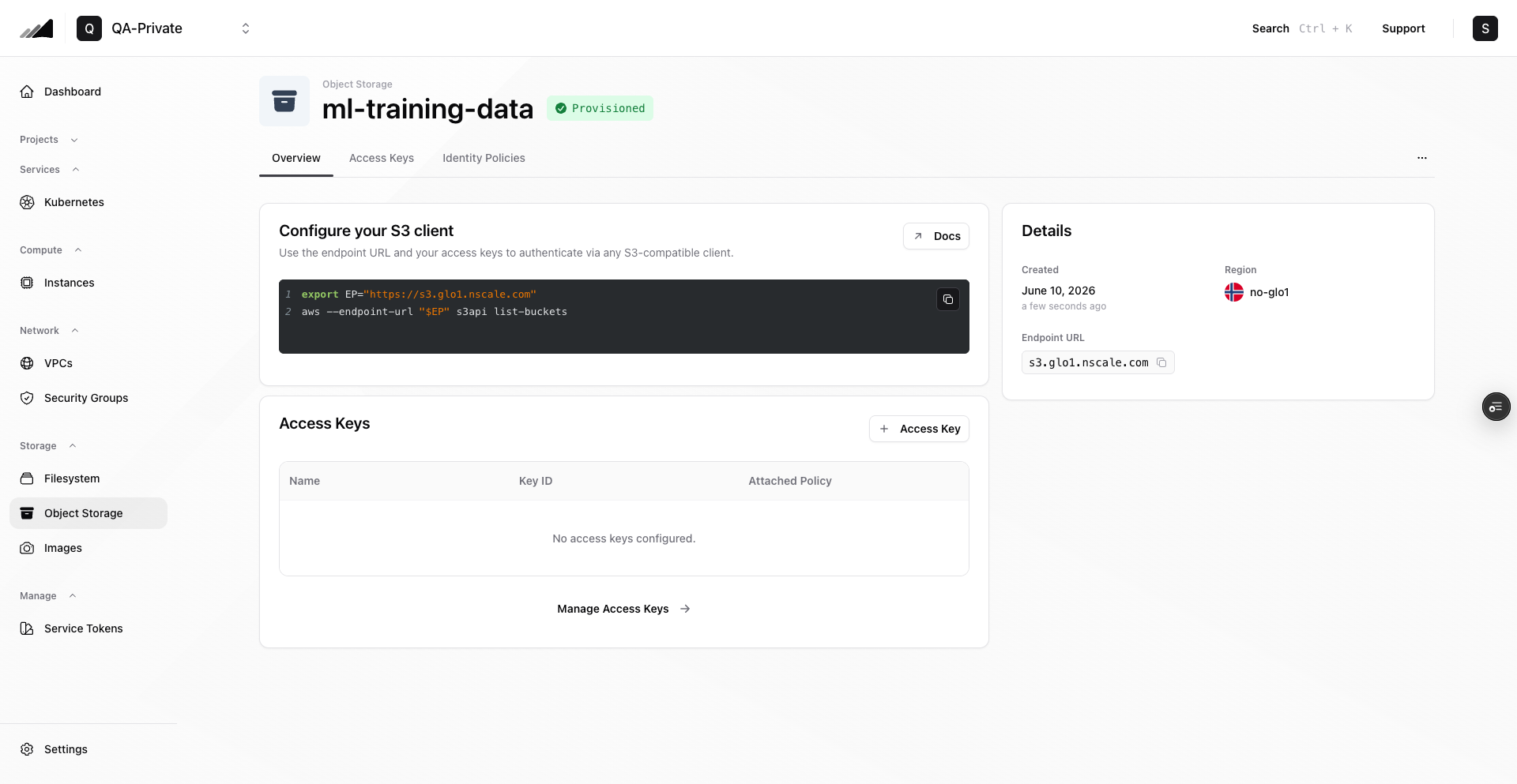 Object Storage endpoint details