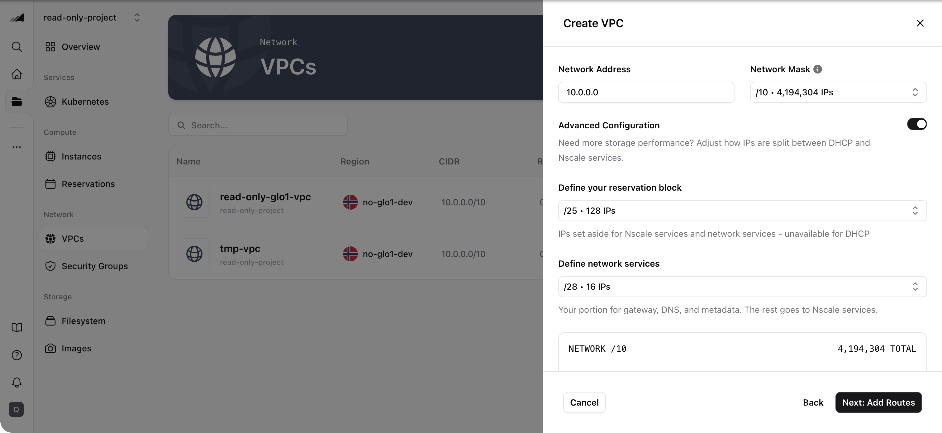 VPC creation — Advanced Configuration with IP reservations