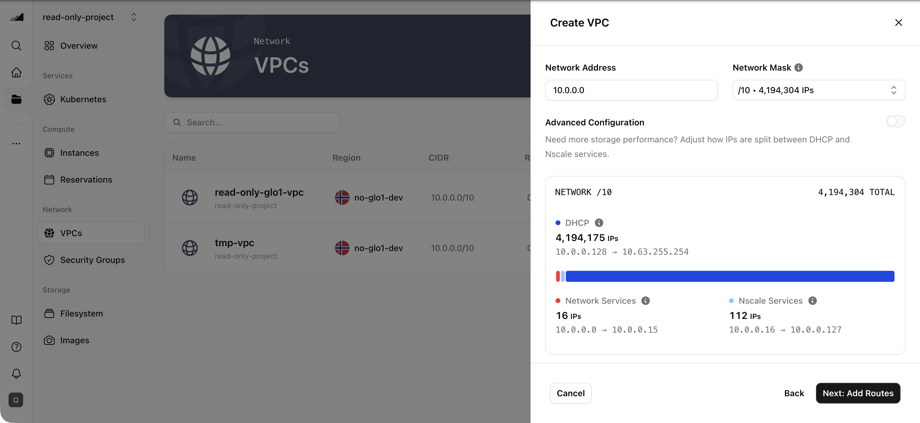 VPC creation — Network Configuration step