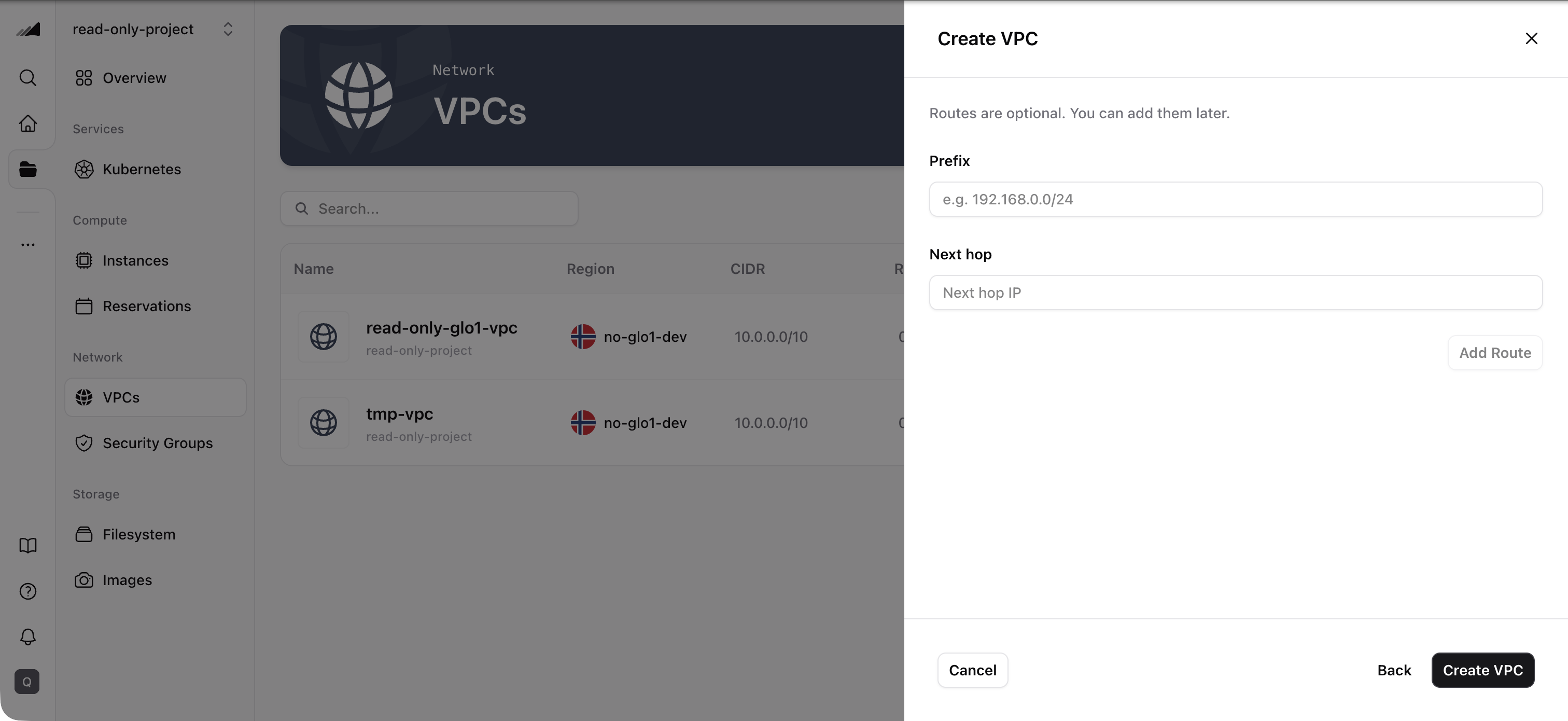 VPC creation — Add Routes step