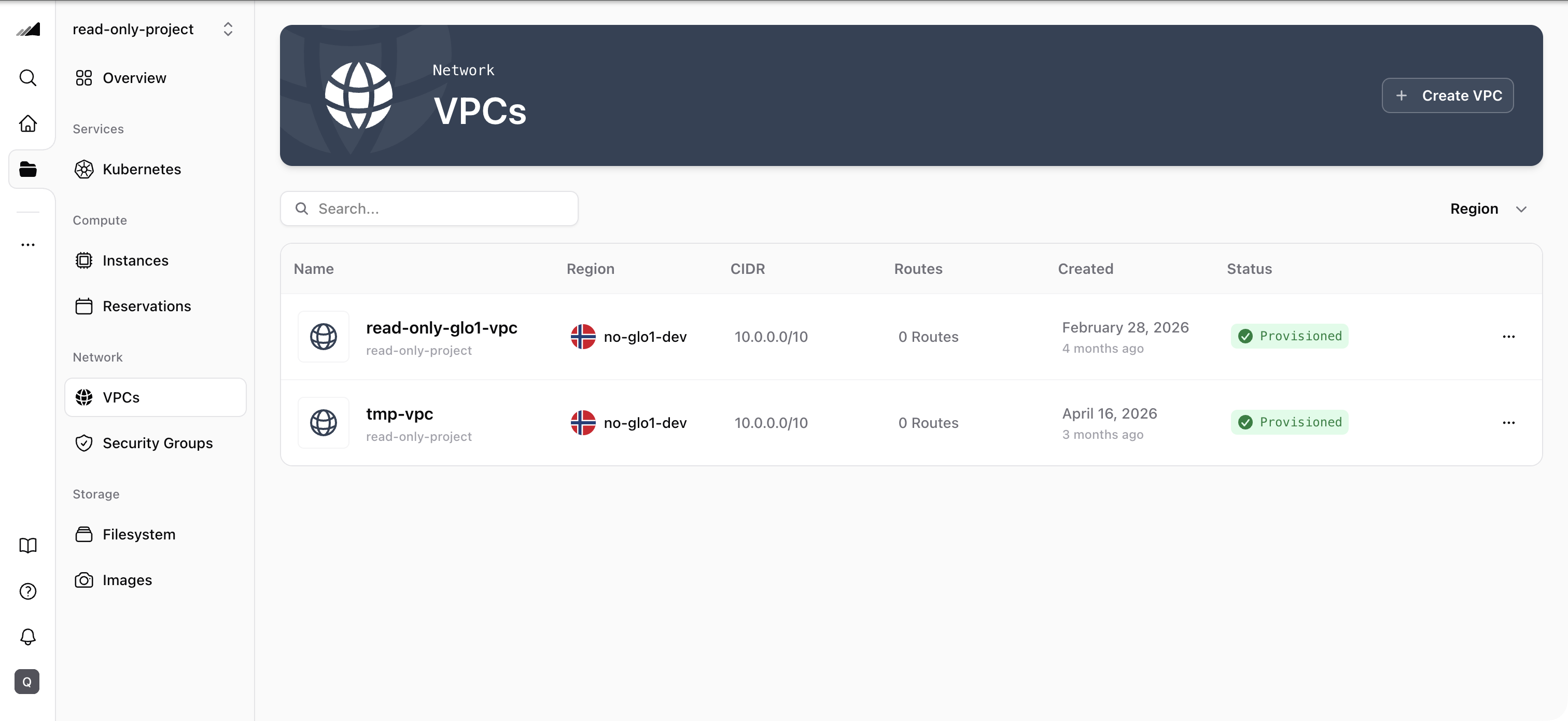 VPC list showing the new VPC